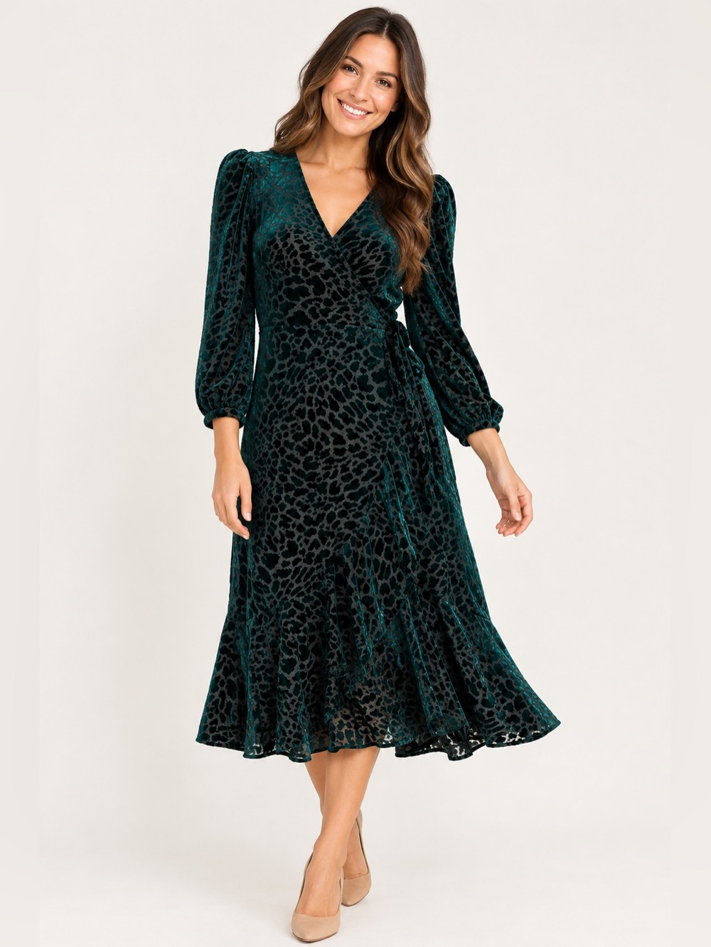 Calvin Klein Velvet Burnout Wrap Dress Iridescent Emerald Green Leopard Sz 10